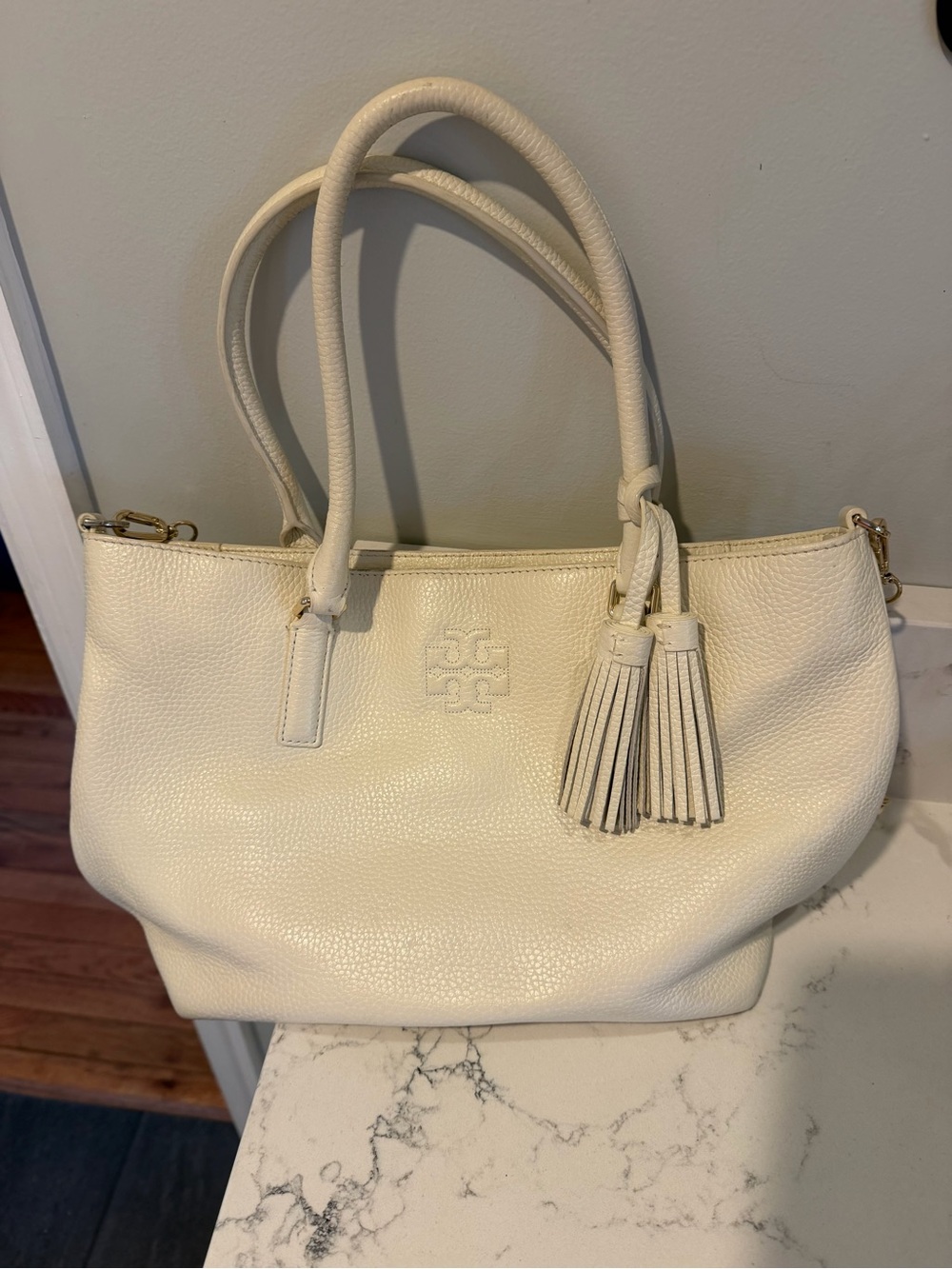 Tory Burch white Pebbled Leather Shoulder Tote with Tassel
